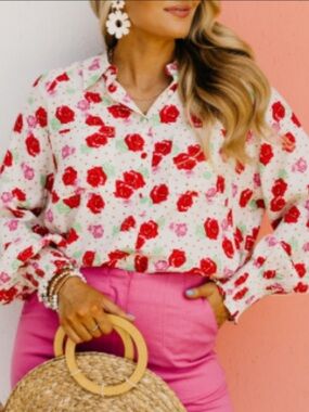 Fate Boutique Cream Button-Front Blouse with Red & Pink  Floral Rose Print NWOT